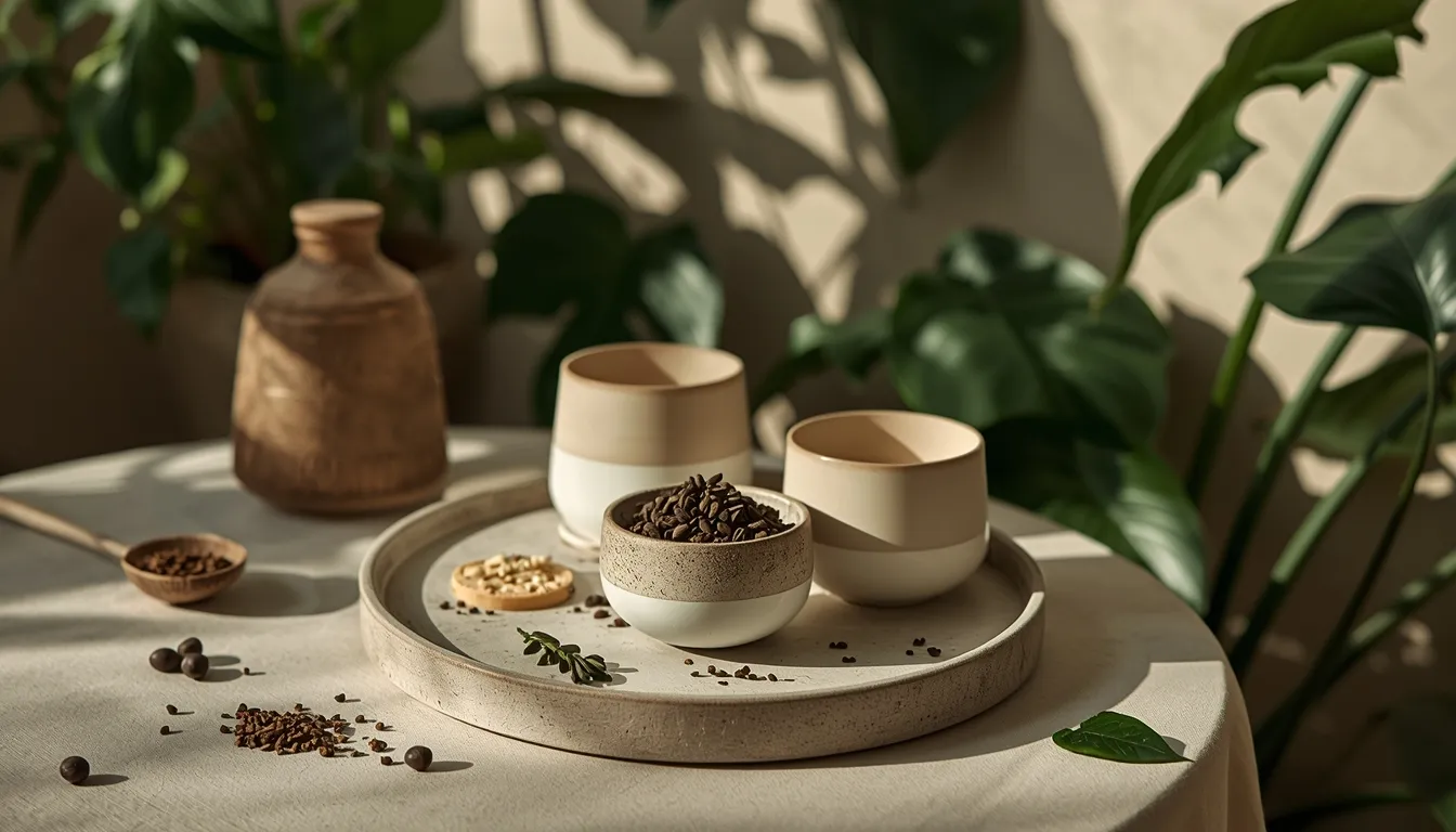 أكواب عشبية مسائية وأطباق غنية بالمعادن